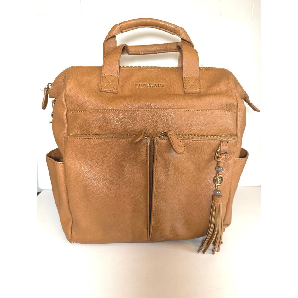 Lily Jade Caroline Large Diaper Bag Backpack Vegan Leather Camel Gold Pockets